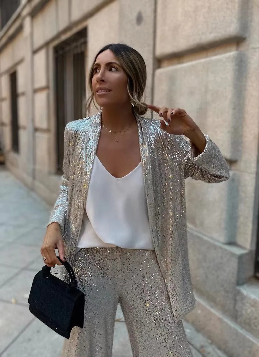 Sequin Suit For Women Long Sleeve Loose Blazer High Waist Wide Leg Pants 2024 Fashion Bling Sparkly Sets 240529