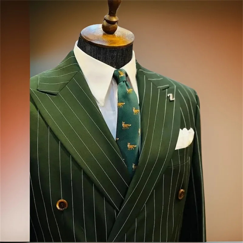 Stripe Double Breasted Men Suits for Wedding Groom Tuxedo Slim Fit Custom Made Pinstriped Male Suit 2 Pcs JacketPants 2024 240528