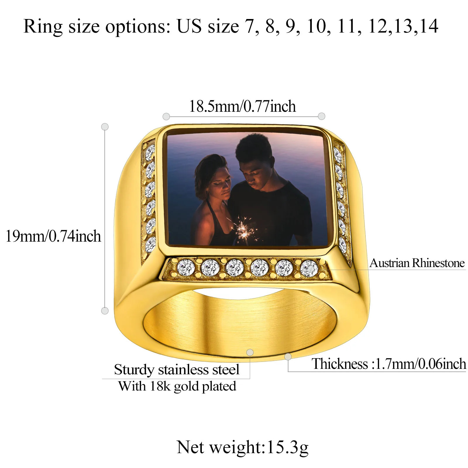 U7 Custom Po Rings for Man and Woman White Zircon 19mm Width Square Round Heart Shape Memorial Picture Stainles Steel Jewelry 240530