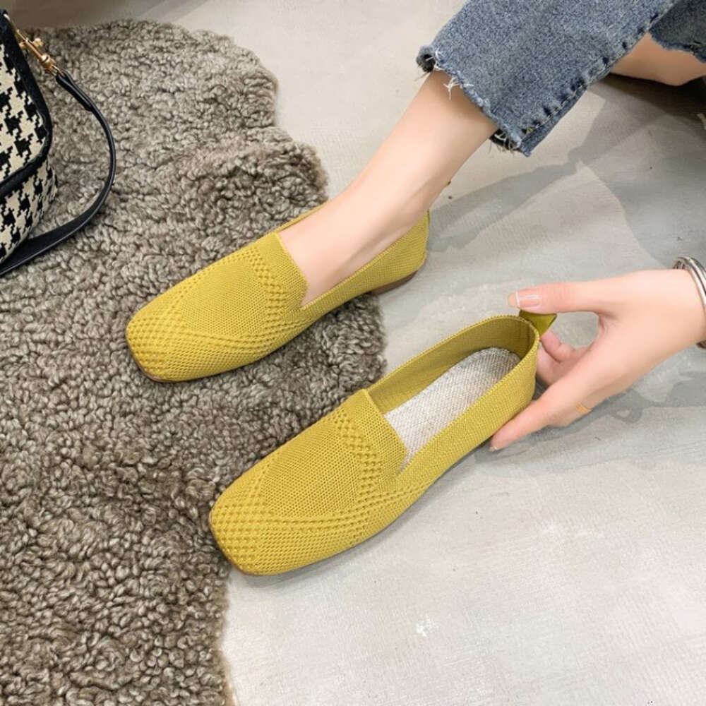 Mesh Knitted Striped Flats for Women Autumn New Light Slip on Flat Casual Shoes Ladies Square Toe Breathable Sneakers