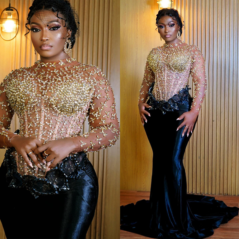 2025 Plus Size Aso Ebi Prom Dresses Gold Promdress Illusion High Neck Long Sleeves Rhies Decorated Crystals Beaded Mermaid Birthday Dress Reception 66
