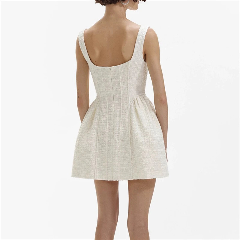 2024 summer womens square neck suspender tweed knitted dress y2k high quality fashion simple button decoration mini skirt 240530