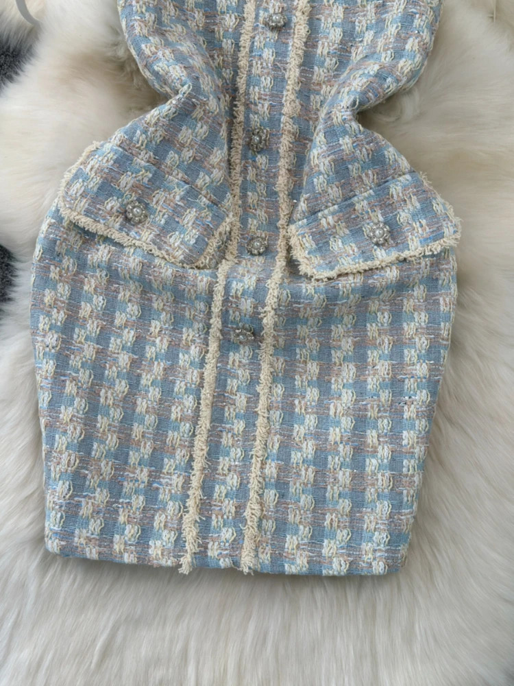 OCEANLOVE Tweed Women Dresses Spring Summer Korean Fashion Vestidos Mujer Plaid Elegant Contrast Color Sleeveless Mini Dress 240529