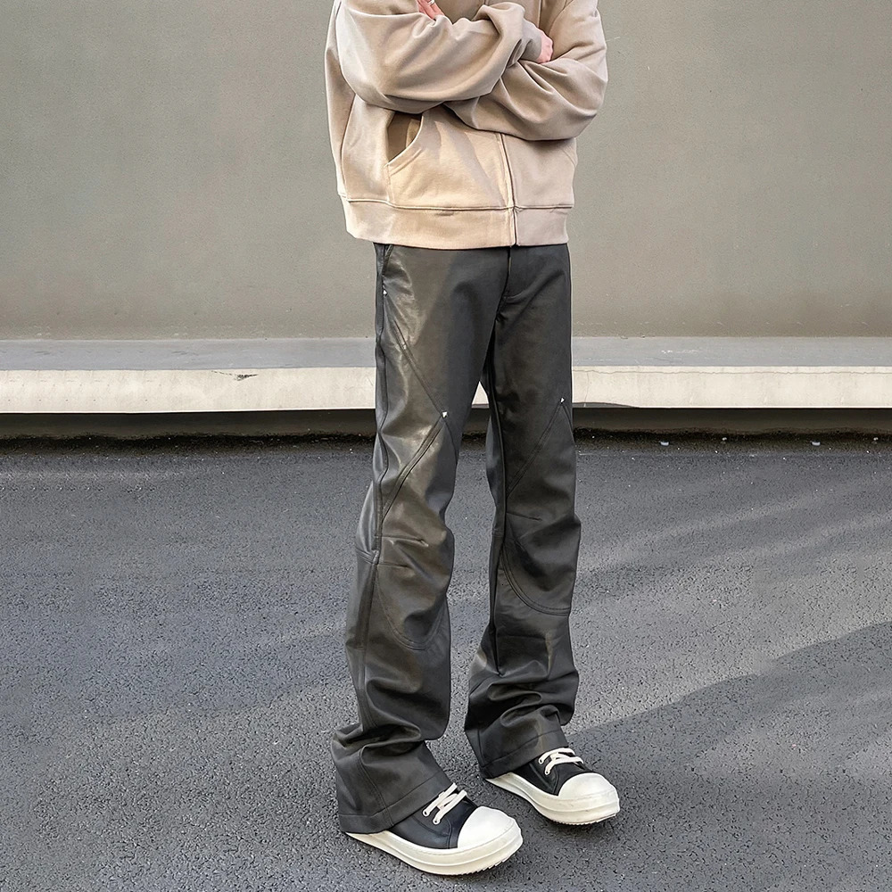 Leather Pants Men Streetwear Casual Fashion Baggy Straight Leg Stacked Street Patchwork Original Y2k Flared Vintage Trousers 240527