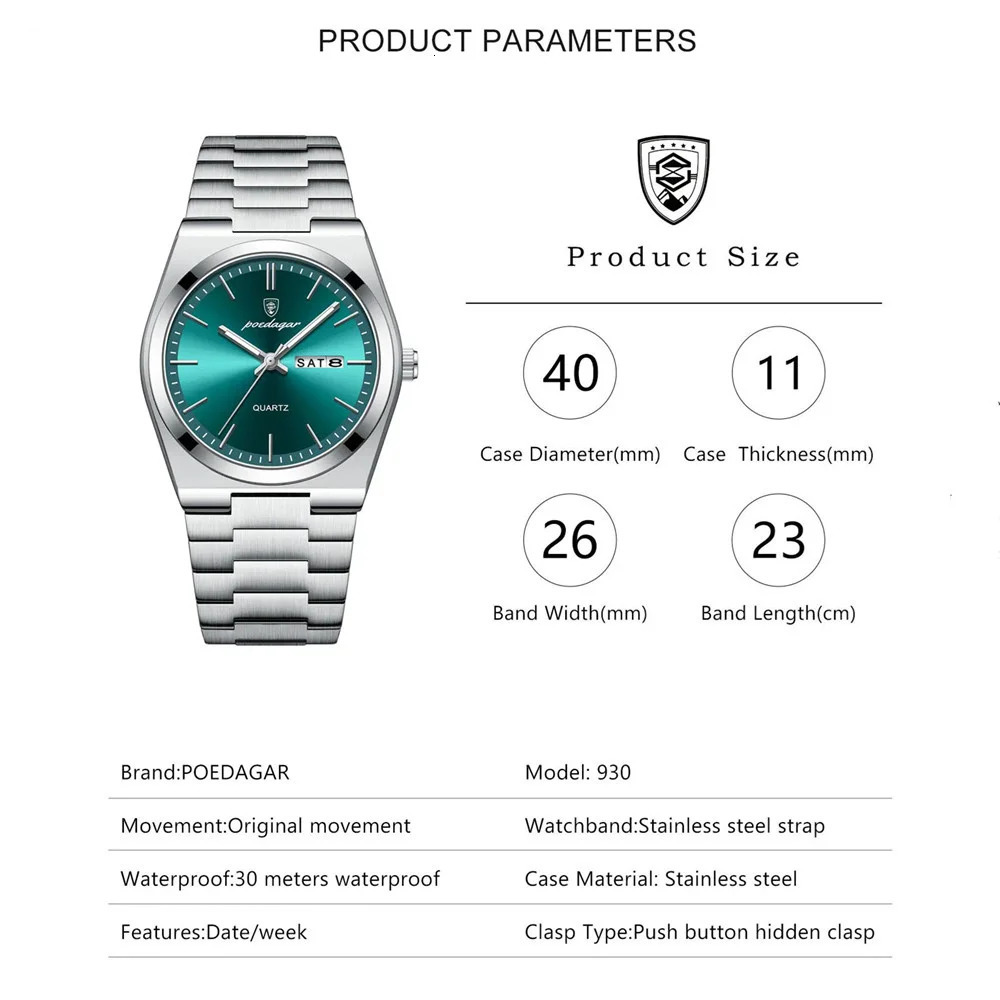 POEDAGAR Quartz Man Wristwatch Sport Men Watches Waterproof Luminous Date Week Stainless Steel Mens Watch Male Reloj 240520 - view 7