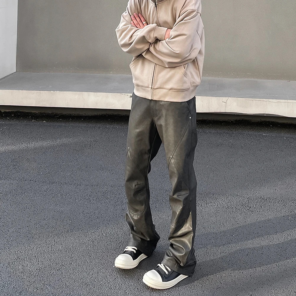 Leather Pants Men Streetwear Casual Fashion Baggy Straight Leg Stacked Street Patchwork Original Y2k Flared Vintage Trousers 240527