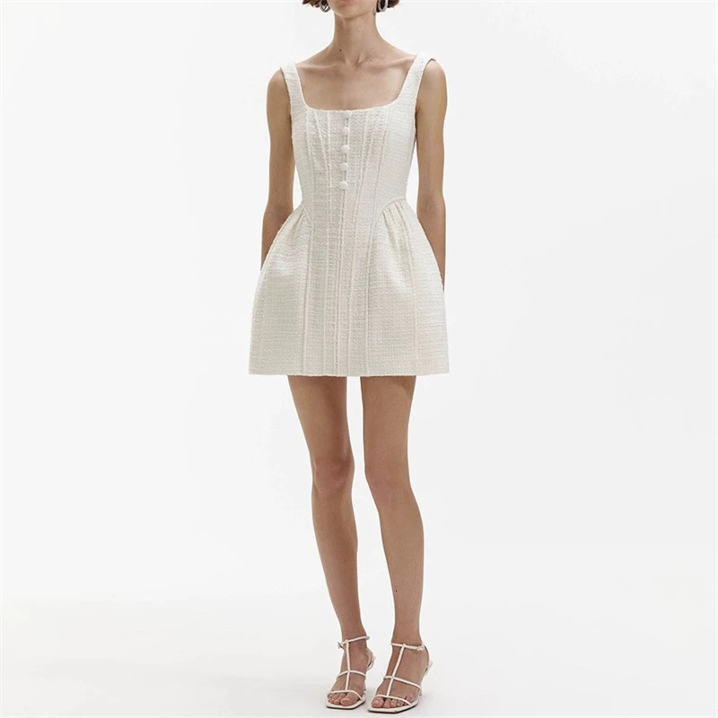 2024 summer womens square neck suspender tweed knitted dress y2k high quality fashion simple button decoration mini skirt 240530