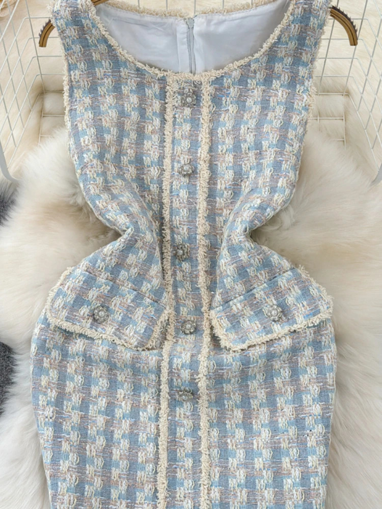 OCEANLOVE Tweed Women Dresses Spring Summer Korean Fashion Vestidos Mujer Plaid Elegant Contrast Color Sleeveless Mini Dress 240529