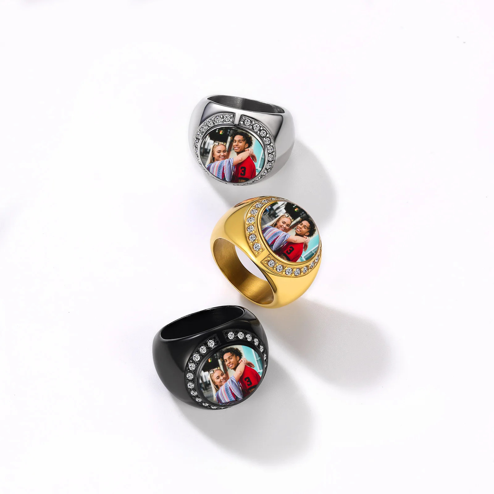 U7 Custom Po Rings for Man and Woman White Zircon 19mm Width Square Round Heart Shape Memorial Picture Stainles Steel Jewelry 240530