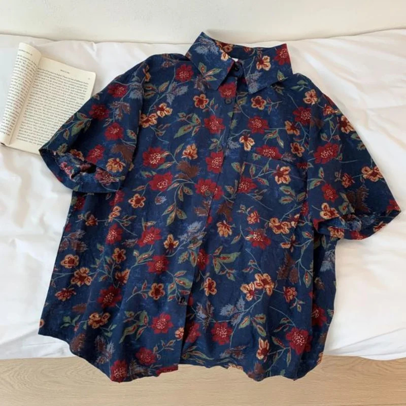 Print Shirts Women Clothing Baggy Vintage Aesthetics Summer Cozy Hawaiian Personal Harajuku Unisex Japanese Teens High Street 240529