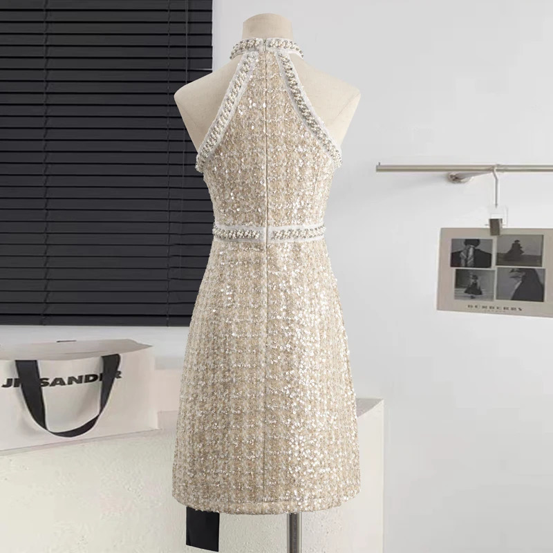 Small Fragrant Ladies Sleeveless Tweed Sexy Night Club Dress Womens Summer Halter Pearl Beading Mini Elegant Party Dresses 240529