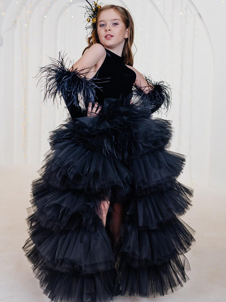 Flower girl dress black feather childrens wedding party dress new childrens clothing princesss first communication dress Tulle Birthday Child Girl Pag