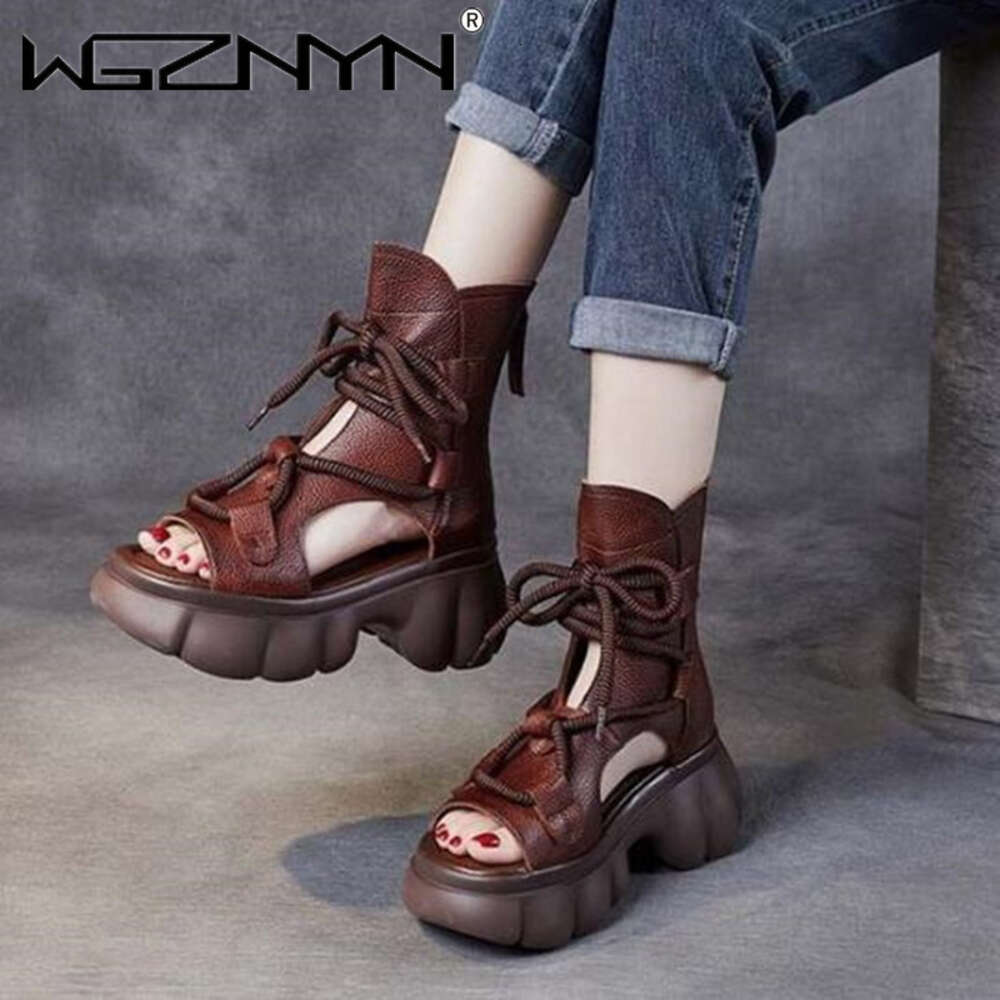 Designer Genuine Leather Boots Chimney Sandals Hollow Ankle Booties Women Peep Toe Moccasins Fashion 2024 Summer Motorcycle Shoe