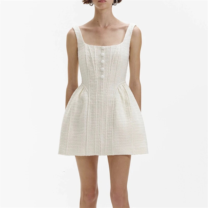 2024 summer womens square neck suspender tweed knitted dress y2k high quality fashion simple button decoration mini skirt 240530