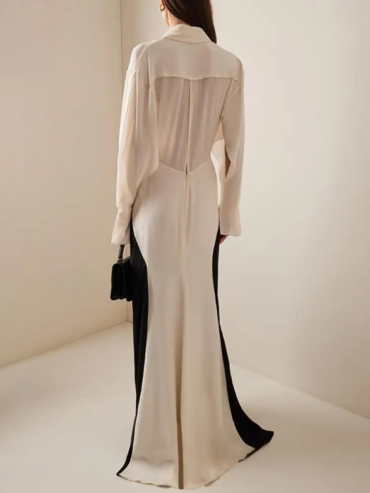 Onecozyday Women Summer Thin Dress Deep V-neck Long Sleeve Loose Fit Party Dresses Contrast Color Wrap Dress for Urban Female 240529