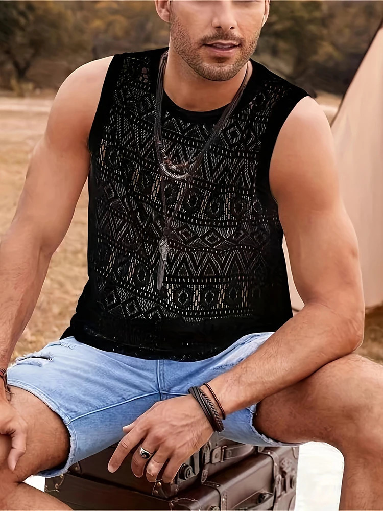 Summer Sexy See Through Tank Tops For Men Casual Breathable O Neck Sleeveless Camisole Fashion Hollow Out Crochet Mens Vest 240530