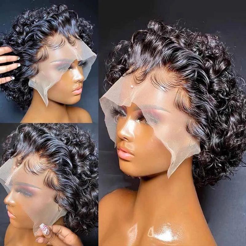 Pixie Cut Short Curly Human Hair Wigs 13X3 Bob Water Wave Transparent Lace Wig For Women Pre Plucked Bhdtl