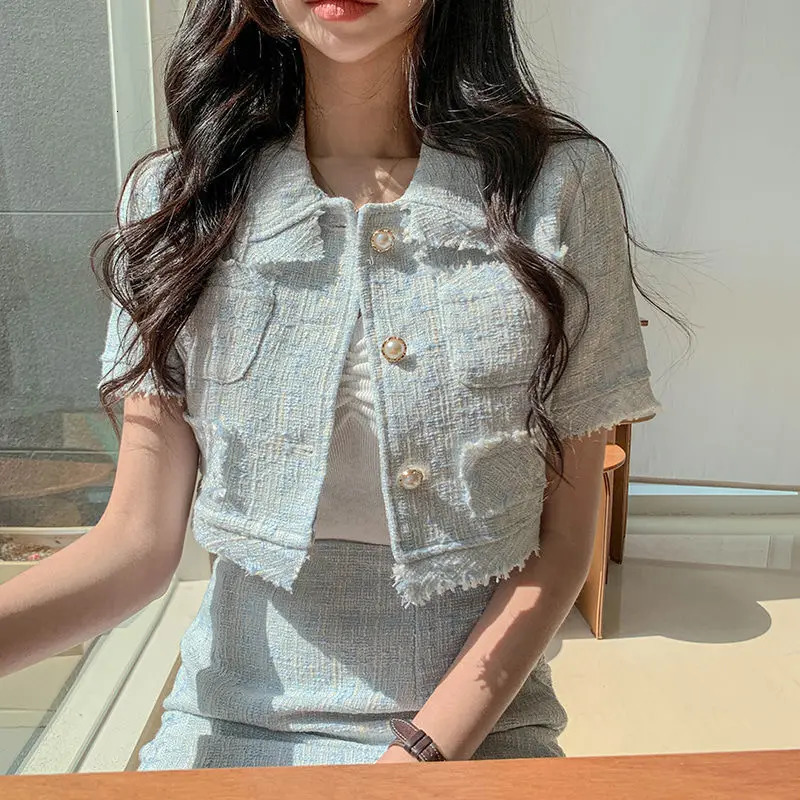 Cropped Tweed Jacket 2 Piece Sets, Women's Summer Tassels Coat Short Sleeve Crop Tops Bodycon Blazers Suits Skirts 2024 B2