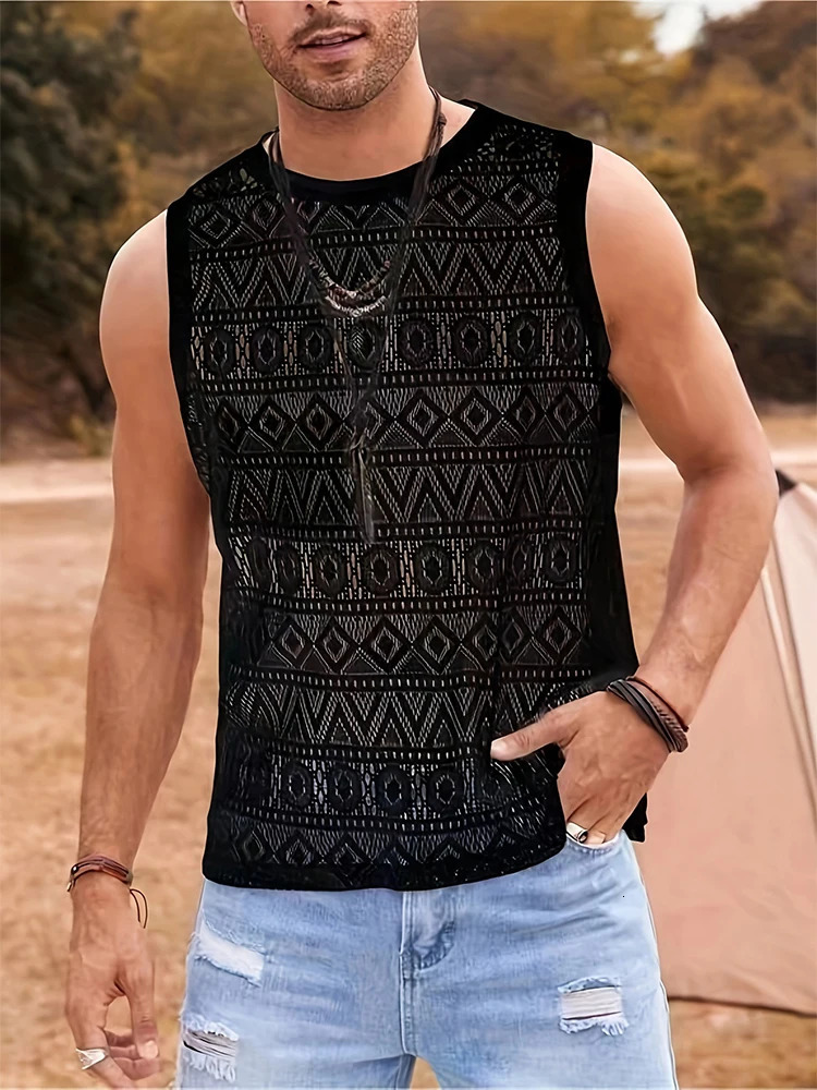 Summer Sexy See Through Tank Tops For Men Casual Breathable O Neck Sleeveless Camisole Fashion Hollow Out Crochet Mens Vest 240530