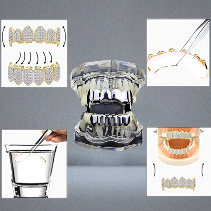 Hip Hop 18K Gold Plated Vampire Fangs Top and Bottom Grillz Your Teeth for Men Women Halloween Clown Party Gifts