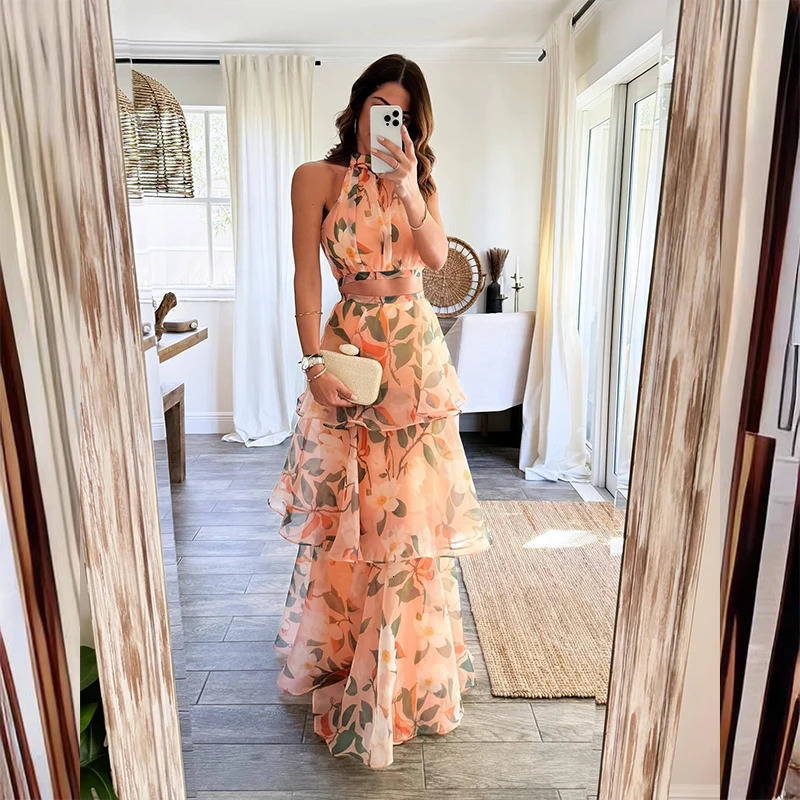 Fashion Printed Mesh Two Piece Set Summer Womens Halter Sleeveless Top with Long Skirt Suit Elegant Layered Cake Party Outfits 240524