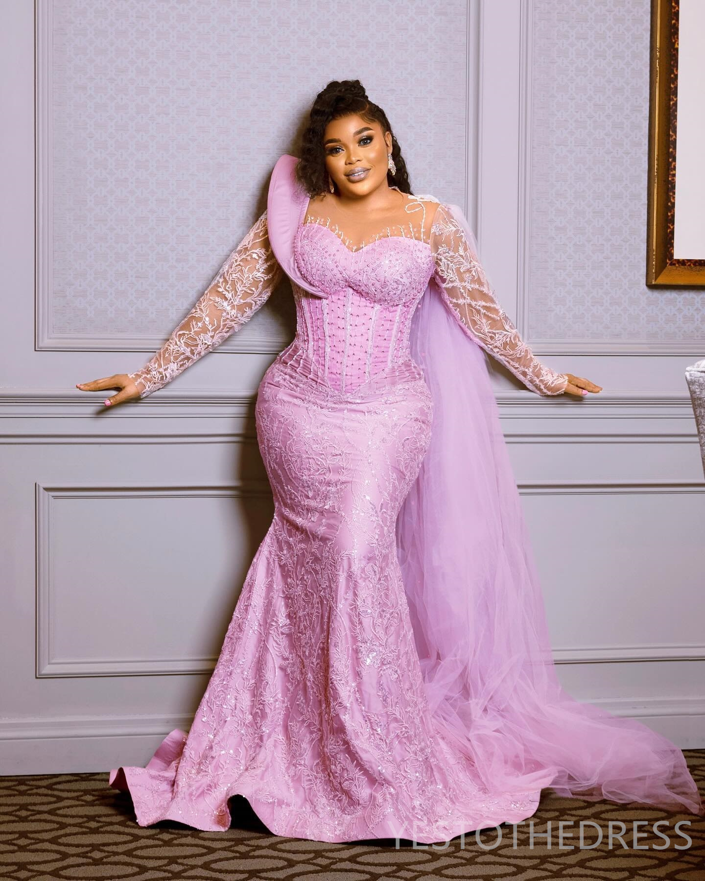 2024 Pink Plus Size Aso Ebi Prom Dresses for Special Occasions Long Promdress Sheer Neck Long Sleeves Beaded Lace Birthday Dresses Second Reception Go