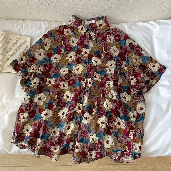 Print Shirts Women Clothing Baggy Vintage Aesthetics Summer Cozy Hawaiian Personal Harajuku Unisex Japanese Teens High Street 240529