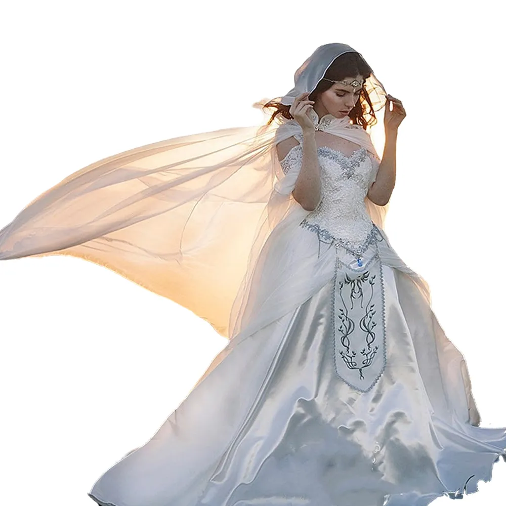 Lace-up Corset Bodice Gothic Wedding Dress with Embroidery and Wrap Straps Off Shoulder Lace Applique Fairy Victorian Bridal Gown