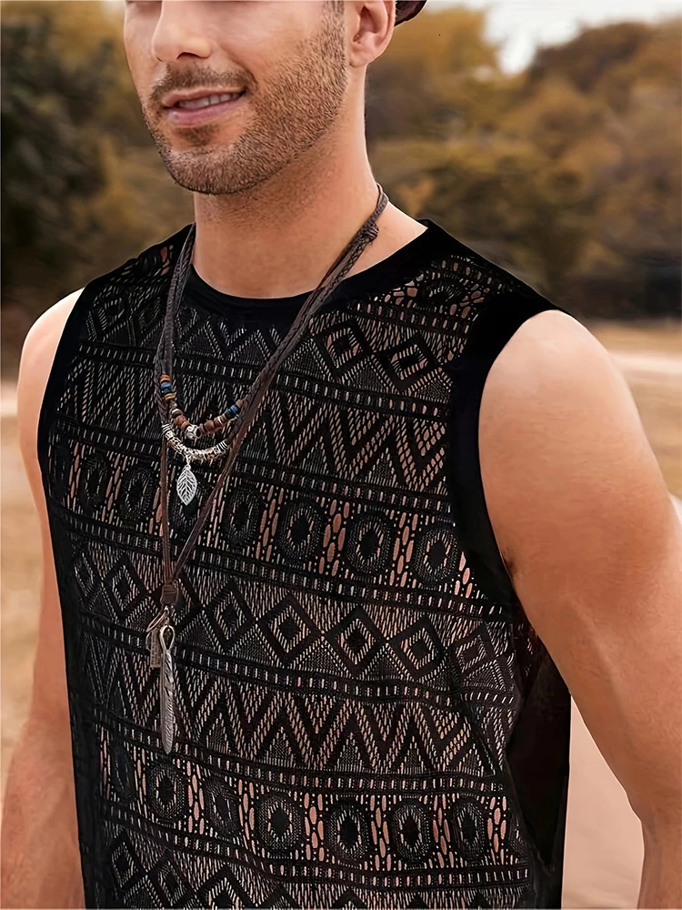 Summer Sexy See Through Tank Tops For Men Casual Breathable O Neck Sleeveless Camisole Fashion Hollow Out Crochet Mens Vest 240530