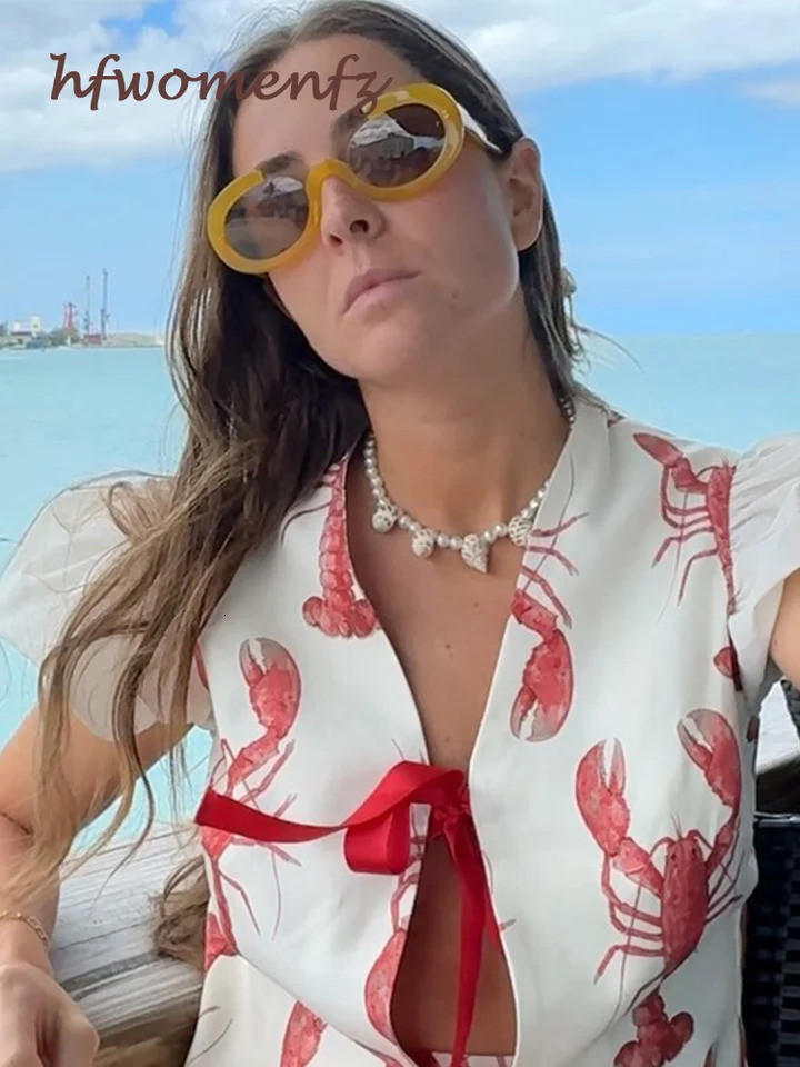 Print Pants 2 Pieces Sets For Women Lobster Short Sleeve Slim Top Shirt Wide Leg Trousers Suit 2024 Summer Lady Matching Set 240529