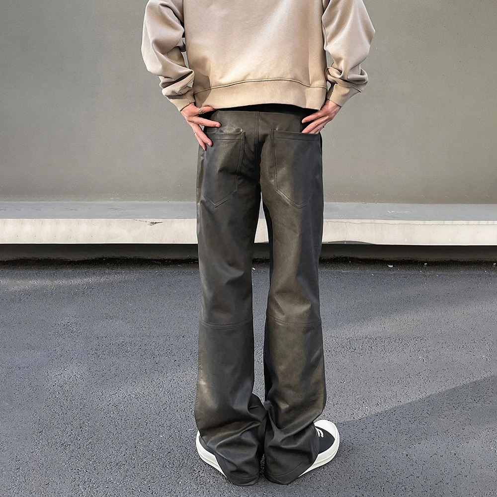 Leather Pants Men Streetwear Casual Fashion Baggy Straight Leg Stacked Street Patchwork Original Y2k Flared Vintage Trousers 240527