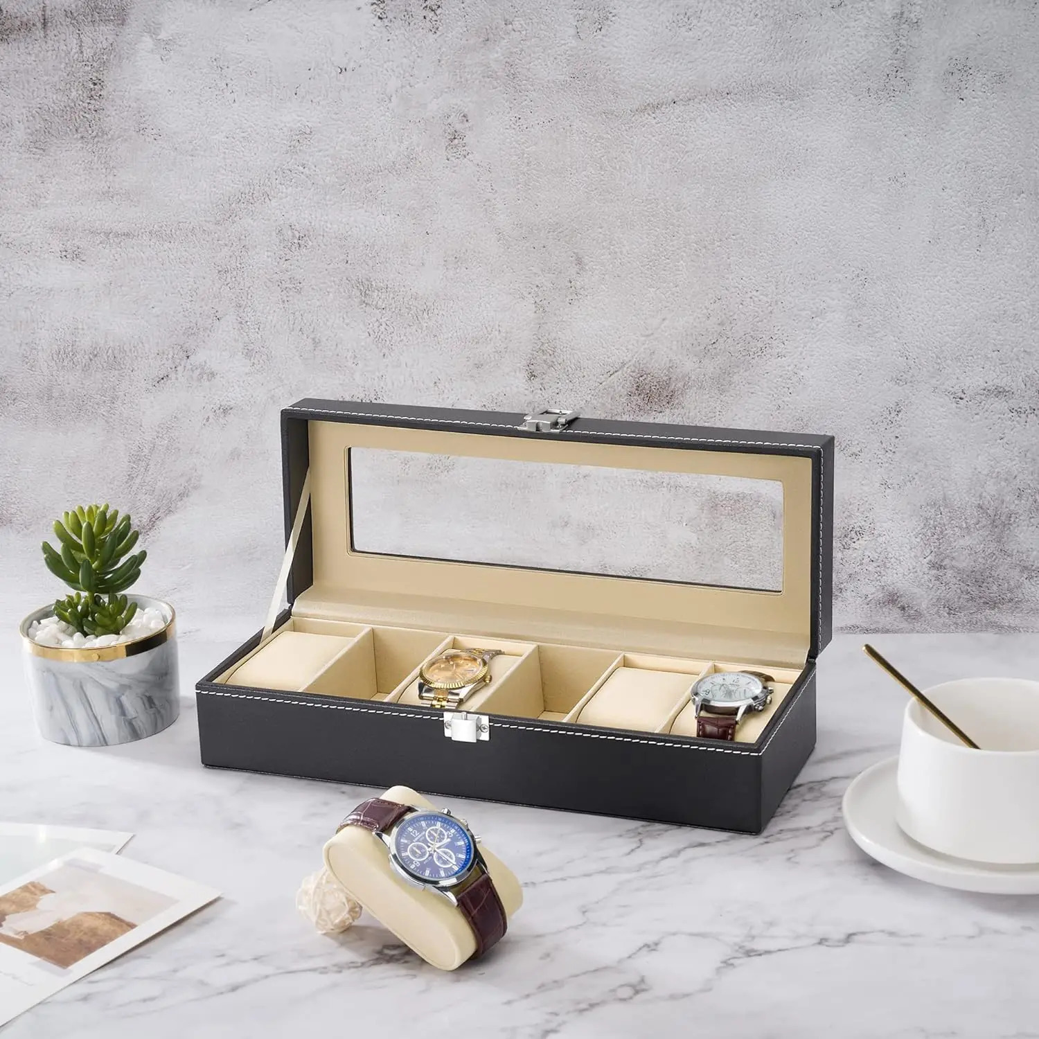 6 Slot PU Leather Watch Box Display Case Jewelry Organizer with Glass Top 240531
