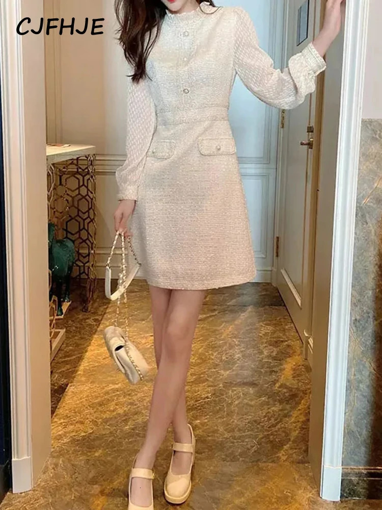 CJFHJE Solid Color Sweet Spring Autumn Korean Elegant Lady Dresses High Street Skinny Ivory Long Sleeve Party Women Tweed Dress 240529