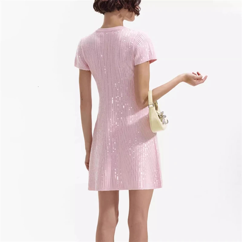 y2k summer womens round neckSequined knitted short-sleeved dress high-quality fashionCommuter style stretch slim mini skirt 240530