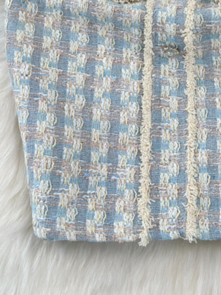 OCEANLOVE Tweed Women Dresses Spring Summer Korean Fashion Vestidos Mujer Plaid Elegant Contrast Color Sleeveless Mini Dress 240529