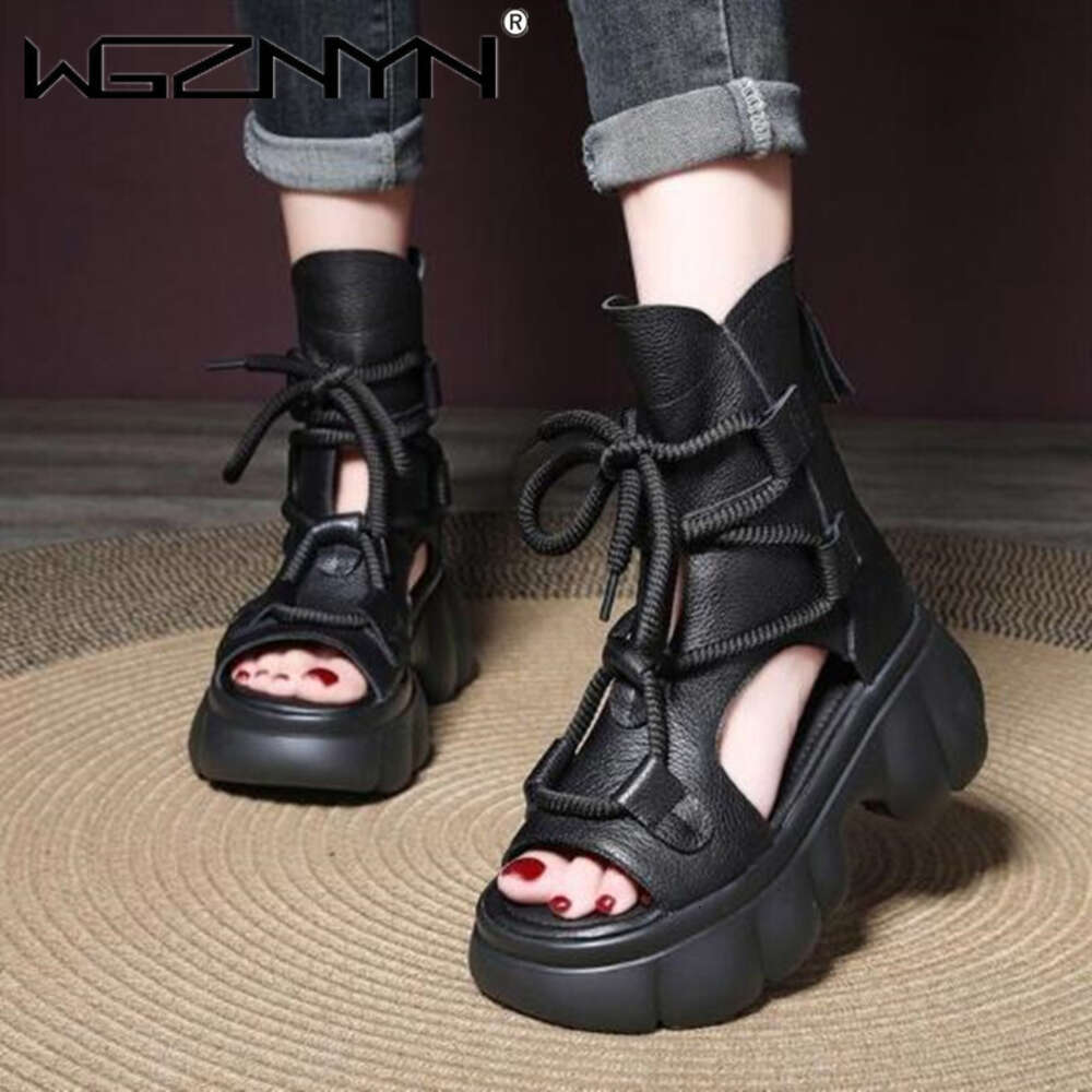 Designer Genuine Leather Boots Chimney Sandals Hollow Ankle Booties Women Peep Toe Moccasins Fashion 2024 Summer Motorcycle Shoe