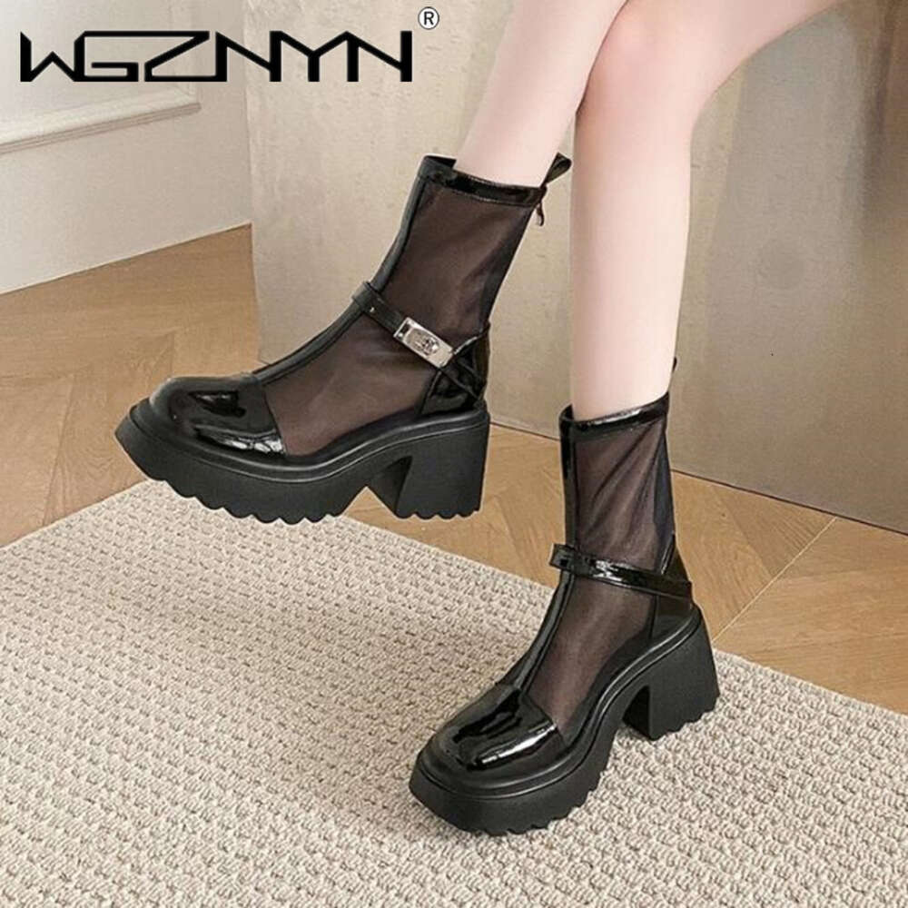 Square Toe Chunky Mesh Women Cool Boots Summer New Designer Platfrom High Heels Sandals Pumps Ladies Shoes Zapatos