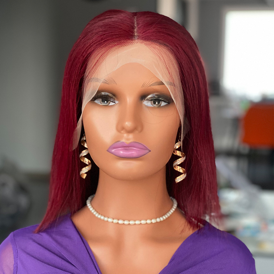 13x4 Top Swiss Lace Double Drawn Bone Straight Human Hair Wig 180 Density European American and African Women Wig Wine Red Wigs