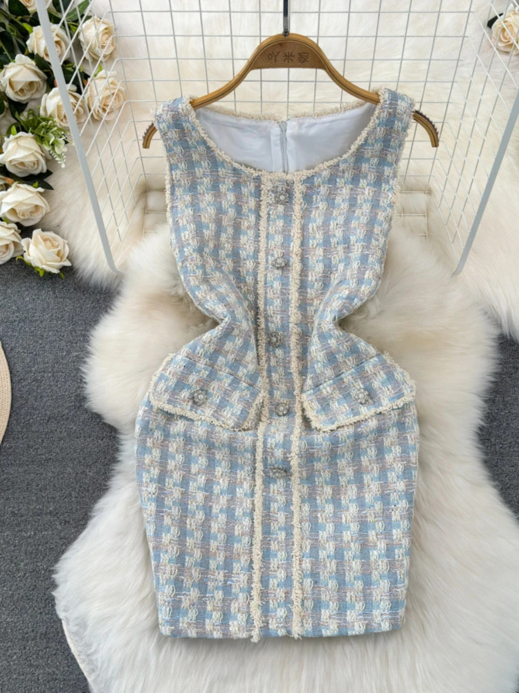 OCEANLOVE Tweed Women Dresses Spring Summer Korean Fashion Vestidos Mujer Plaid Elegant Contrast Color Sleeveless Mini Dress 240529