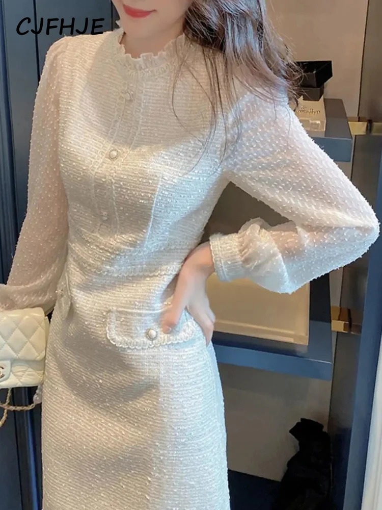 CJFHJE Solid Color Sweet Spring Autumn Korean Elegant Lady Dresses High Street Skinny Ivory Long Sleeve Party Women Tweed Dress 240529