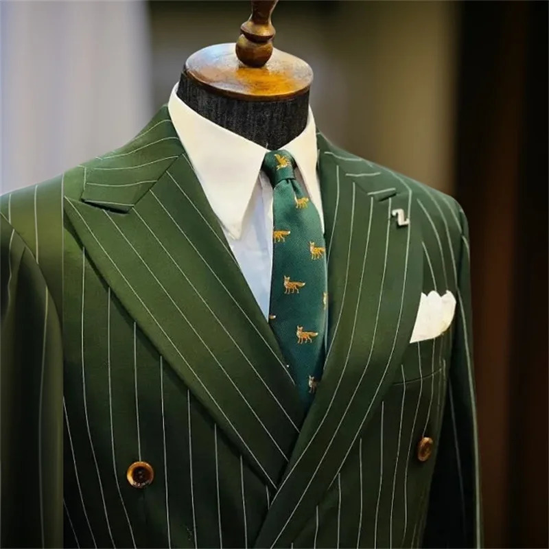 Stripe Double Breasted Men Suits for Wedding Groom Tuxedo Slim Fit Custom Made Pinstriped Male Suit 2 Pcs JacketPants 2024 240528