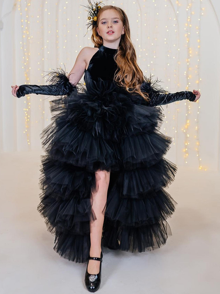 Flower girl dress black feather childrens wedding party dress new childrens clothing princesss first communication dress Tulle Birthday Child Girl Pag