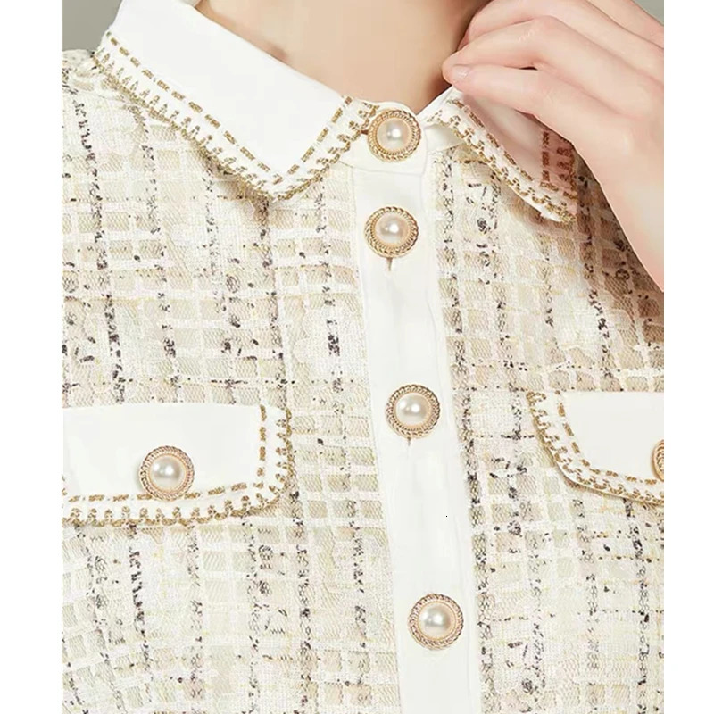 Summer Korean High-end Plaid Tweed Dress Women Turn-down Collar Midi Dress Vintage Elegant Office Short Sleeve Lace Party Dress 240529