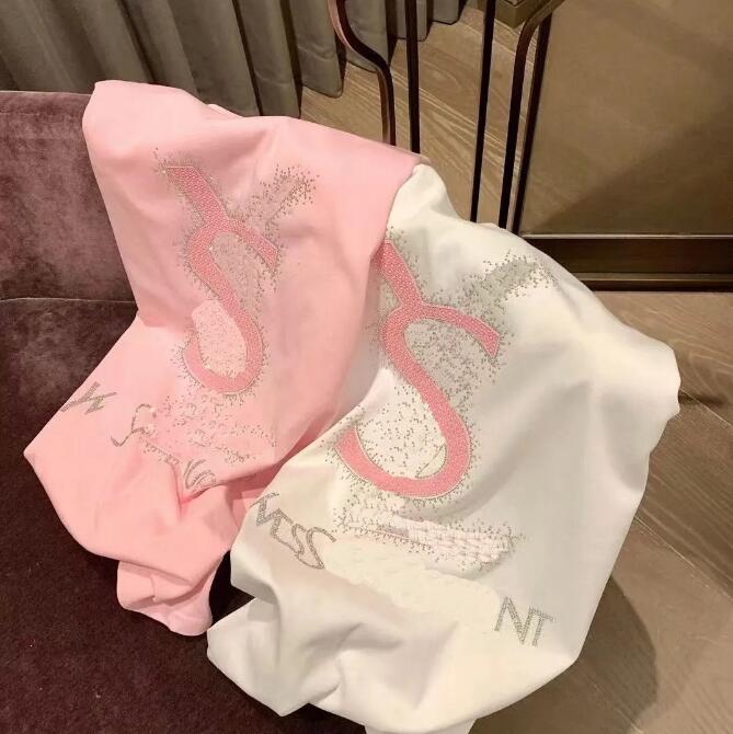 Women's T-Shirt New 2024 summer short-slved heavy industry camellia hot drilling loose version of the long T-shirt cotton fashion Joker H25215