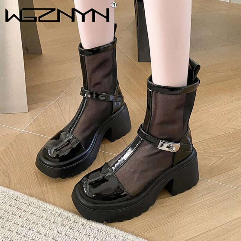 Square Toe Chunky Mesh Women Cool Boots Summer New Designer Platfrom High Heels Sandals Pumps Ladies Shoes Zapatos