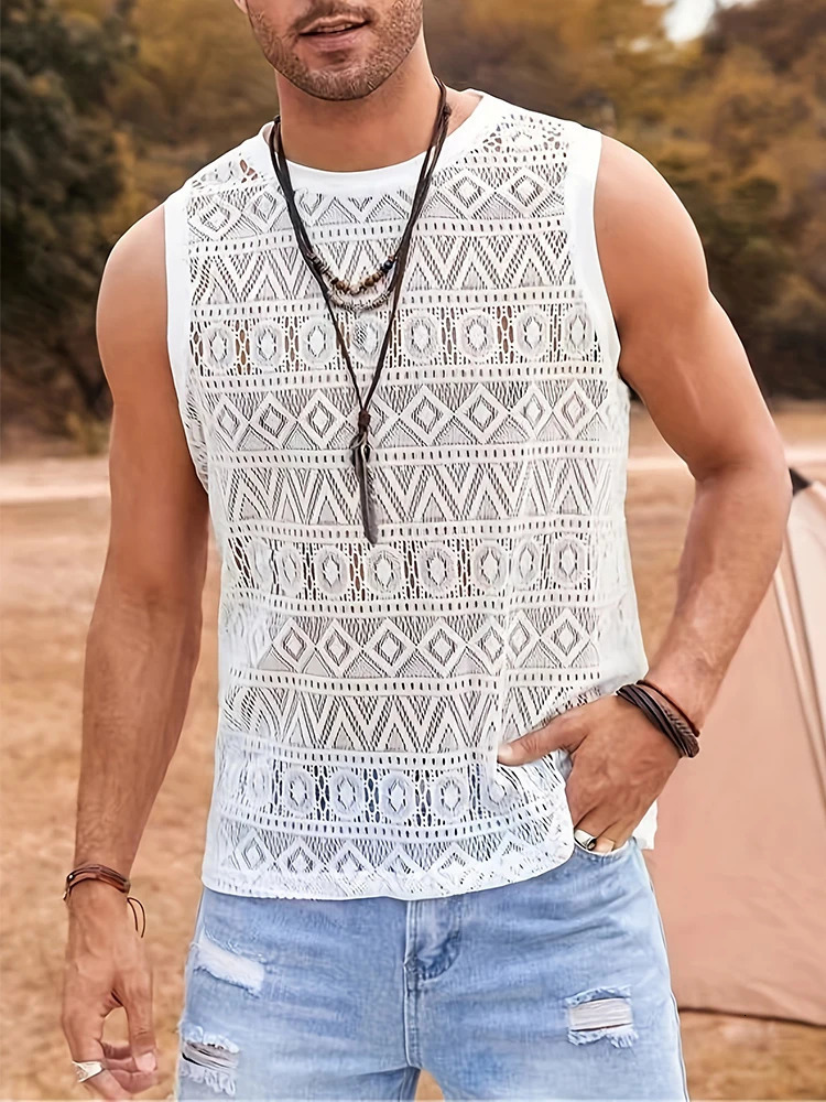 Summer Sexy See Through Tank Tops For Men Casual Breathable O Neck Sleeveless Camisole Fashion Hollow Out Crochet Mens Vest 240530