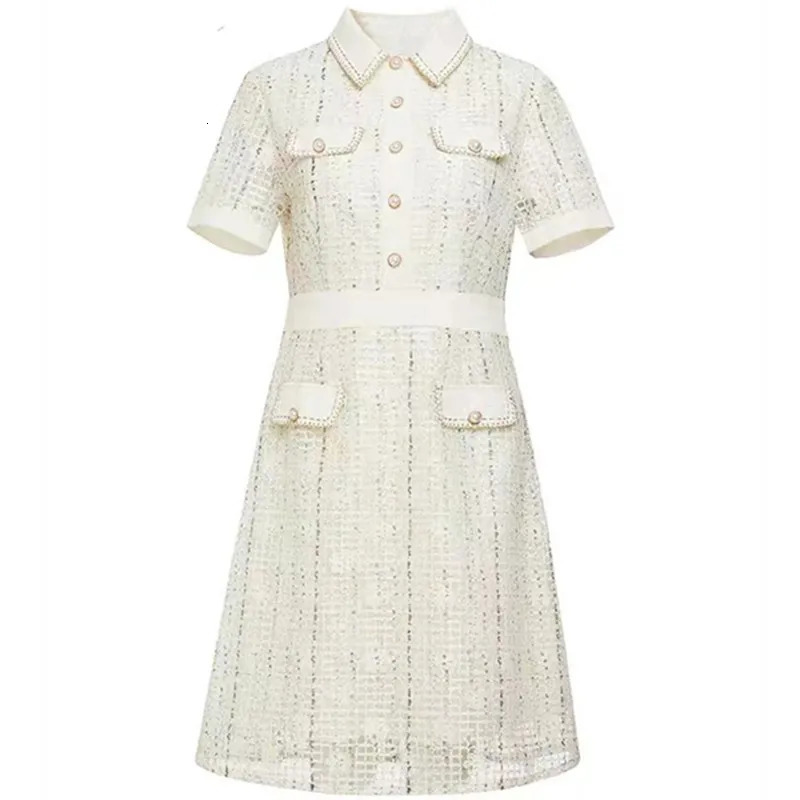 Summer Korean High-end Plaid Tweed Dress Women Turn-down Collar Midi Dress Vintage Elegant Office Short Sleeve Lace Party Dress 240529