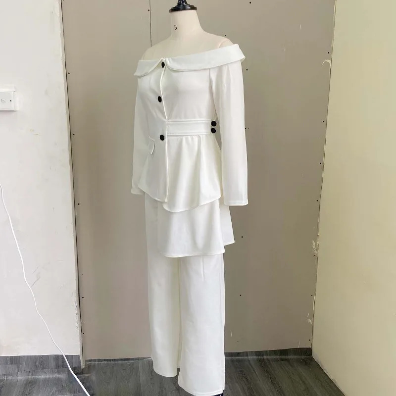 Spring Autumn Winter Pants Suits White Yellow Chic Off Shoulder Blazer Pant Work Women Set Fashion Blazers Suit Streetwear 240529