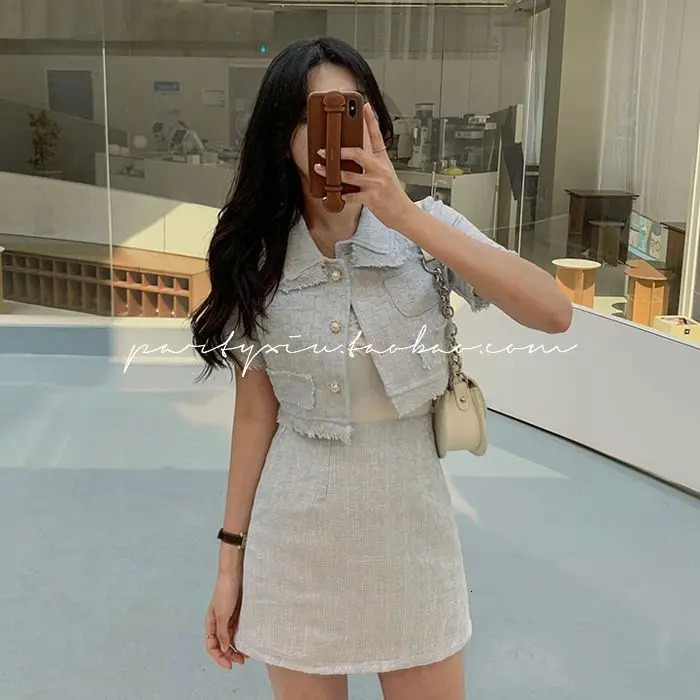 Cropped Tweed Jacket 2 Piece Sets, Women's Summer Tassels Coat Short Sleeve Crop Tops Bodycon Blazers Suits Skirts 2024 B2
