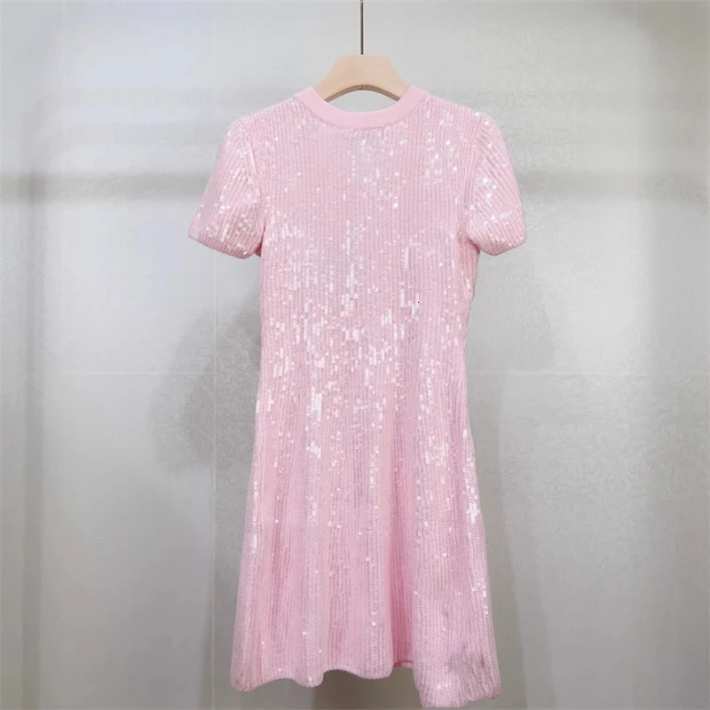 y2k summer womens round neckSequined knitted short-sleeved dress high-quality fashionCommuter style stretch slim mini skirt 240530